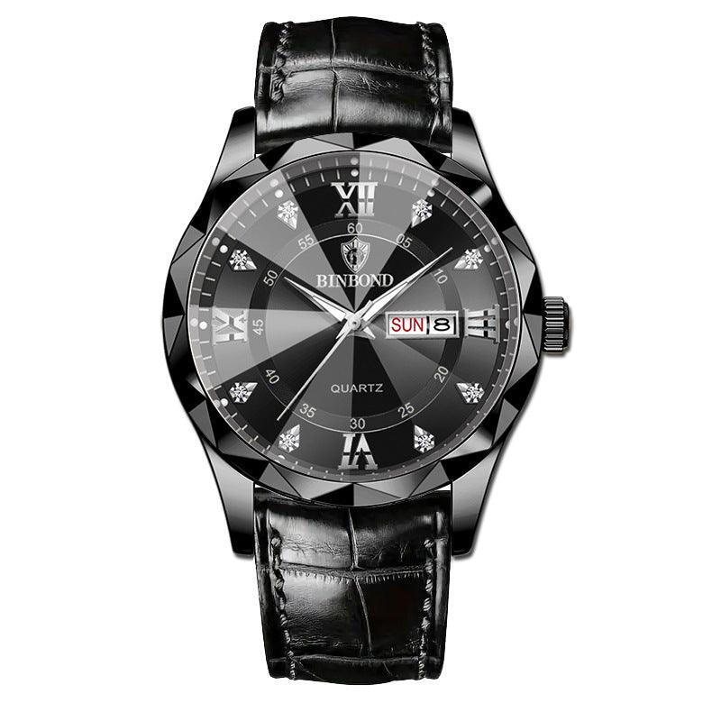 Black-tone quartz watch with dark gray dial and black leather strap, Roman numerals