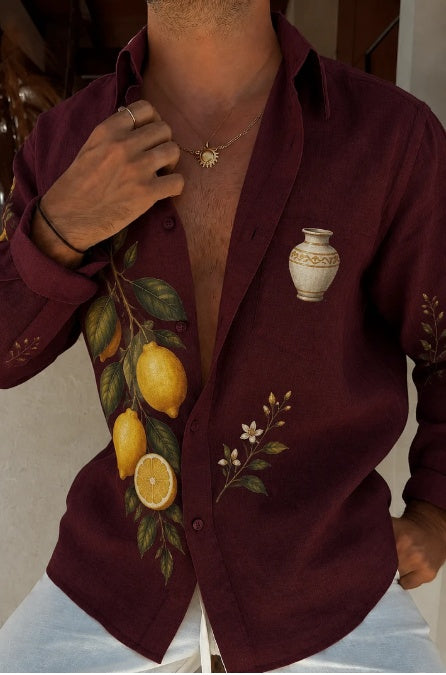 Burgundy oversized button-up shirt with lemon and blossom print