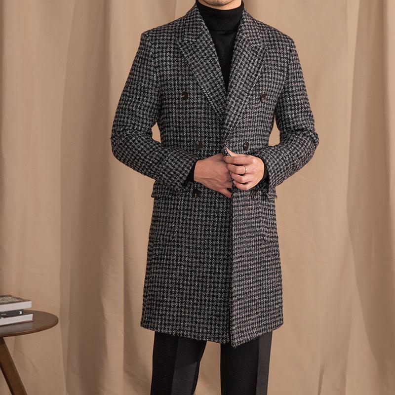 Wool Double Breasted Houndstooth Coat Mid-length Coat - WOMONA.COM