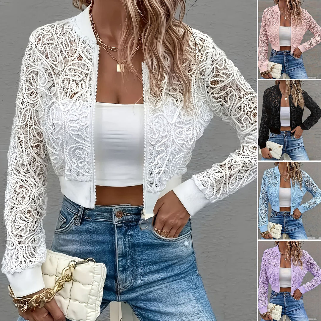 Women’s short lace jacket with zipper, white sheer patterned lace