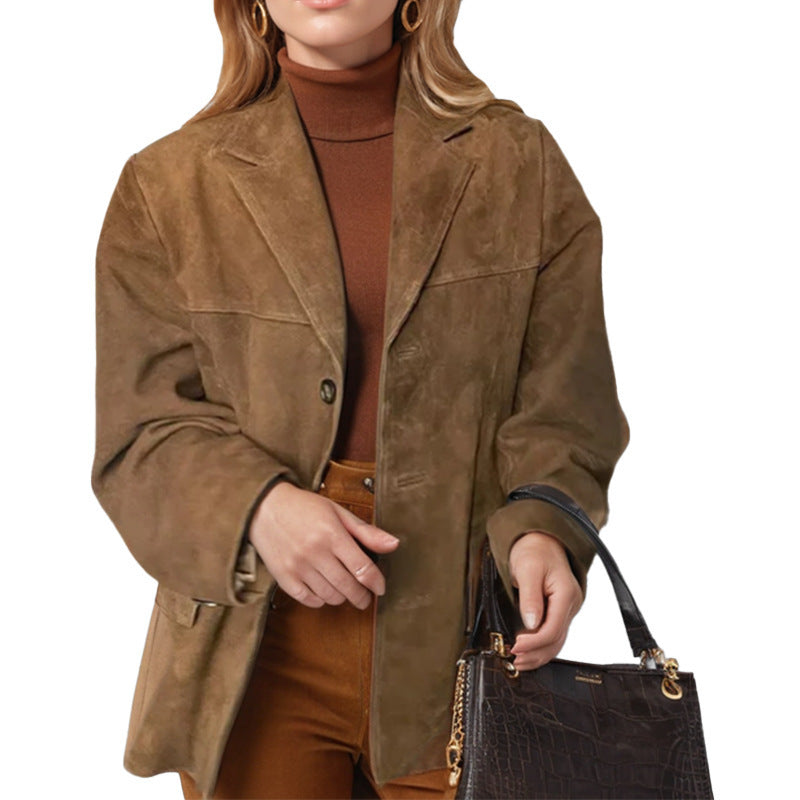 Lockere, langärmlige Retro-Jacke für Damen in Braun