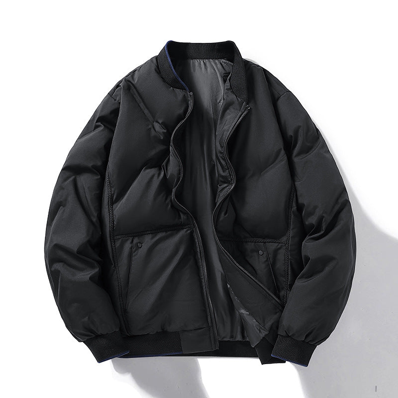 Black padded stand-collar jacket with full zipper and side pocket panels