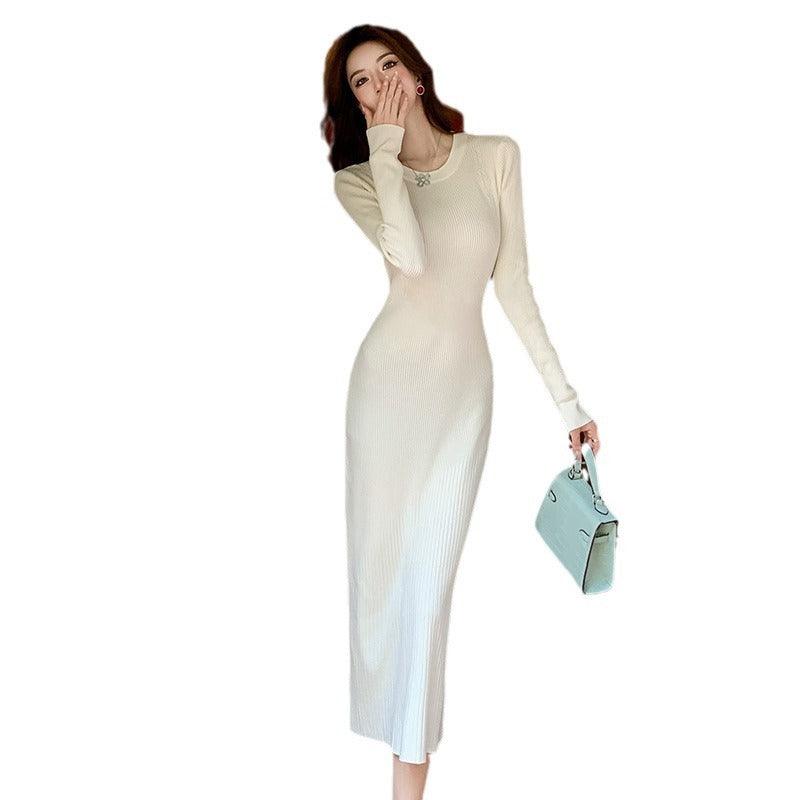Over-the-knee Round Neck Woolen Skirt Women - WOMONA.COM