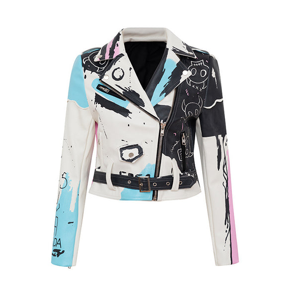 Personalized Graffiti Print Rivet Motorcycle Leather Jacket - WOMONA.COM