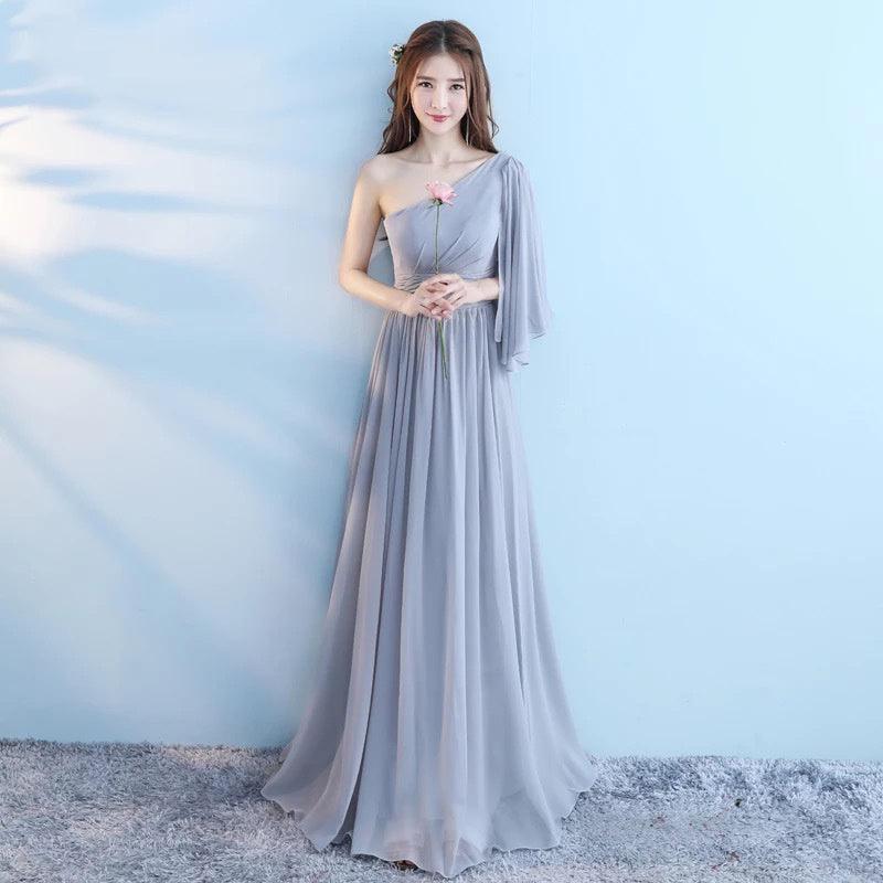 Dusty blue chiffon one-shoulder maxi dress with ruched bodice and waist tie