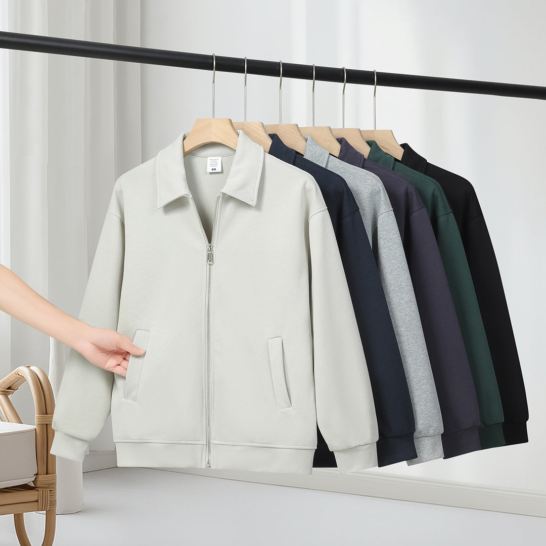 Men's cream zip-front work jacket with turn-down collar and flap side pockets