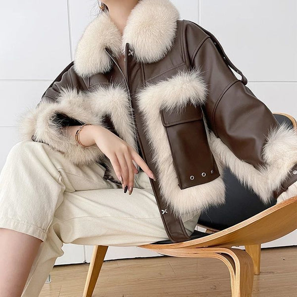 Sense Fox Fur Stitching Leather Coat - WOMONA.COM