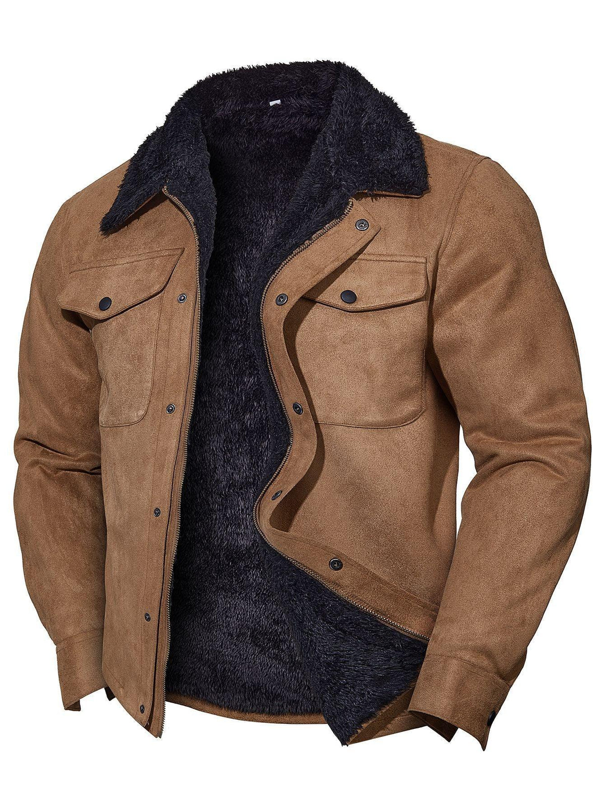 Men's brown suede coat with dark shearling collar and buttoned front, chest flap pockets