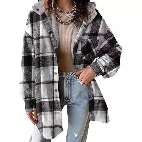 Women’s plaid flannel jacket with button front, long sleeves, collared hood in charcoal and white.