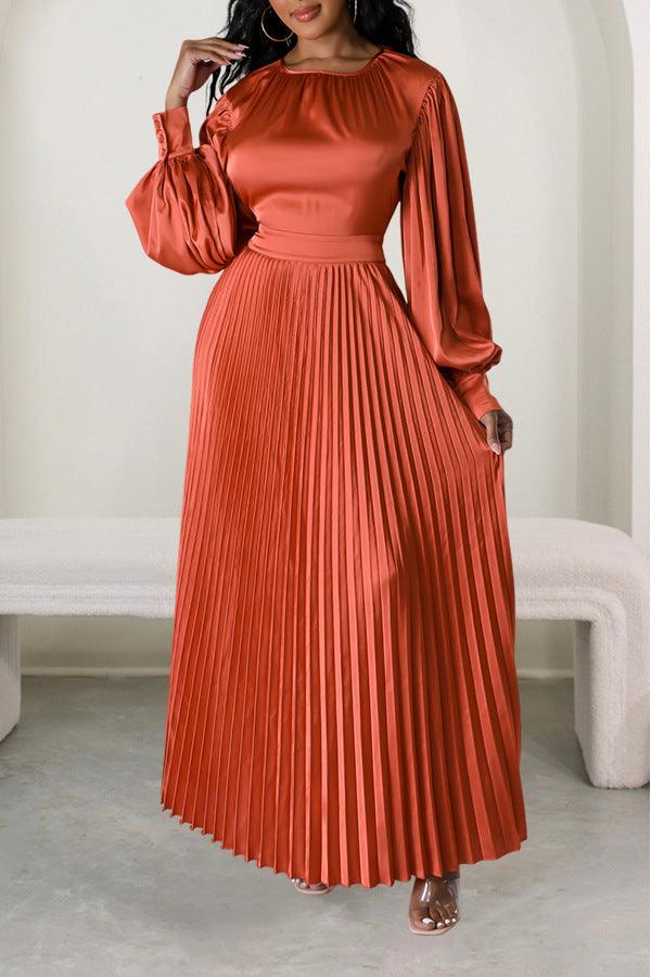 Waist Loose Long Sleeve Pleated Dress - WOMONA.COM
