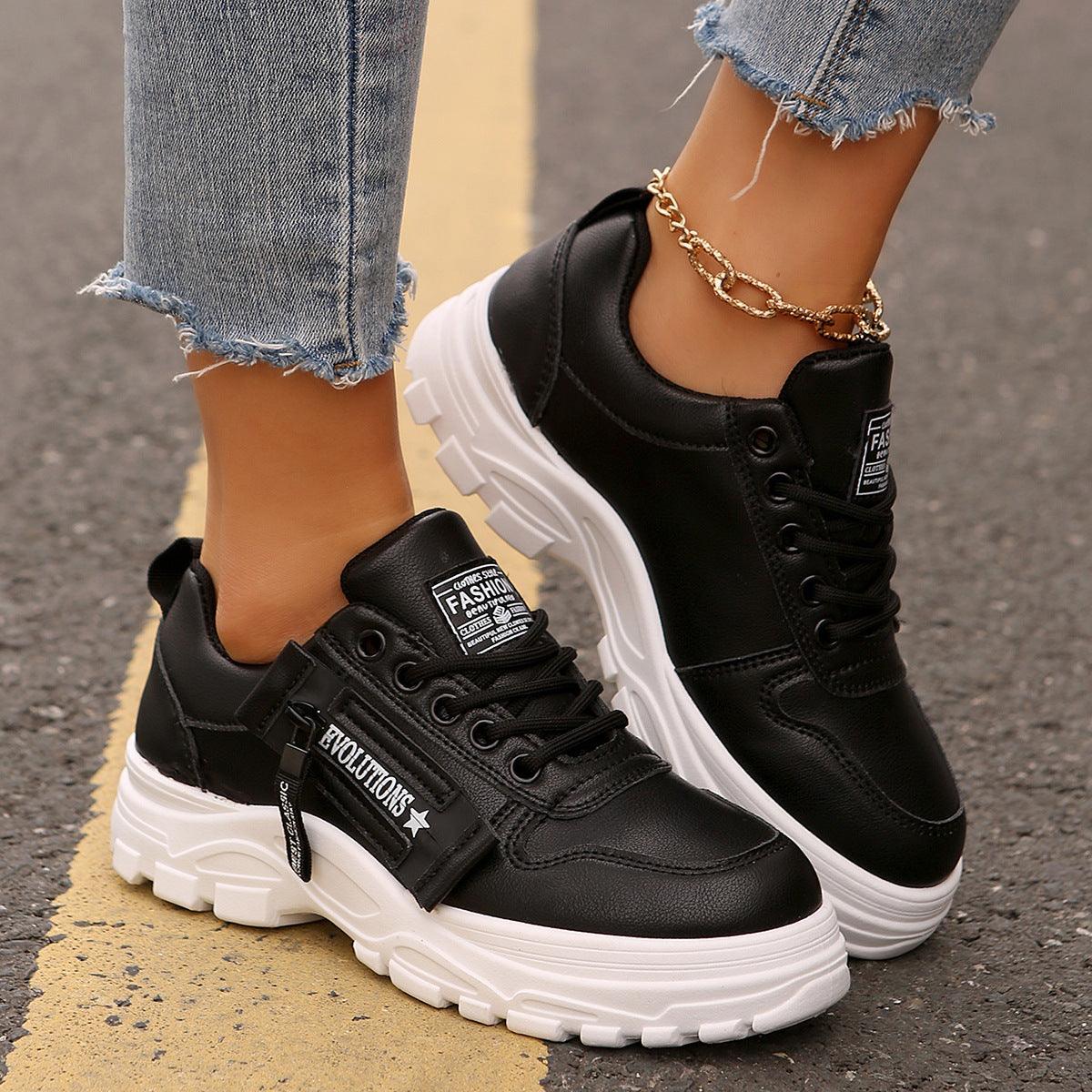 Women’s lace-up sneakers, thick sole, round toe, side zipper, black with front strap