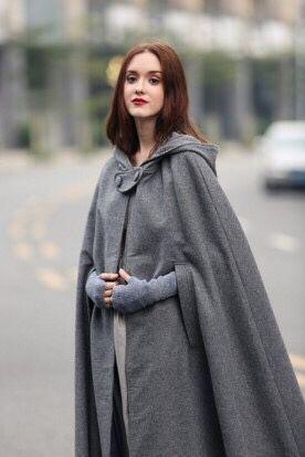 Grey hooded tie shawl, long draped cape with cowl hood and front tie