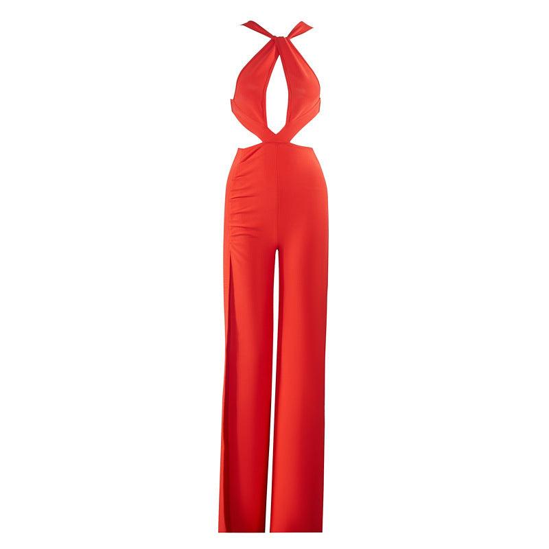 Women's red halter bandage jumpsuit with tie neck, chest cutout, wide-leg pants
