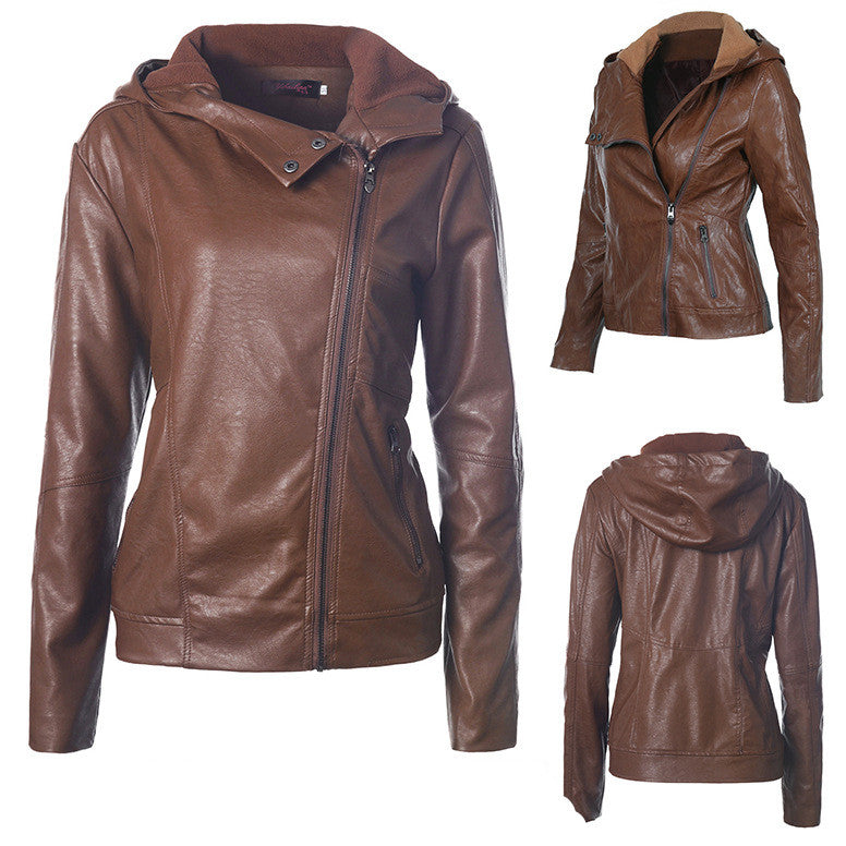 Solid color women's leather jacket - WOMONA.COM