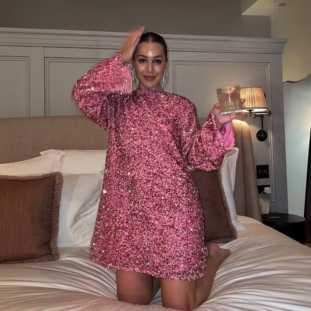 Long Sleeve Loose Sequin Mini Dress