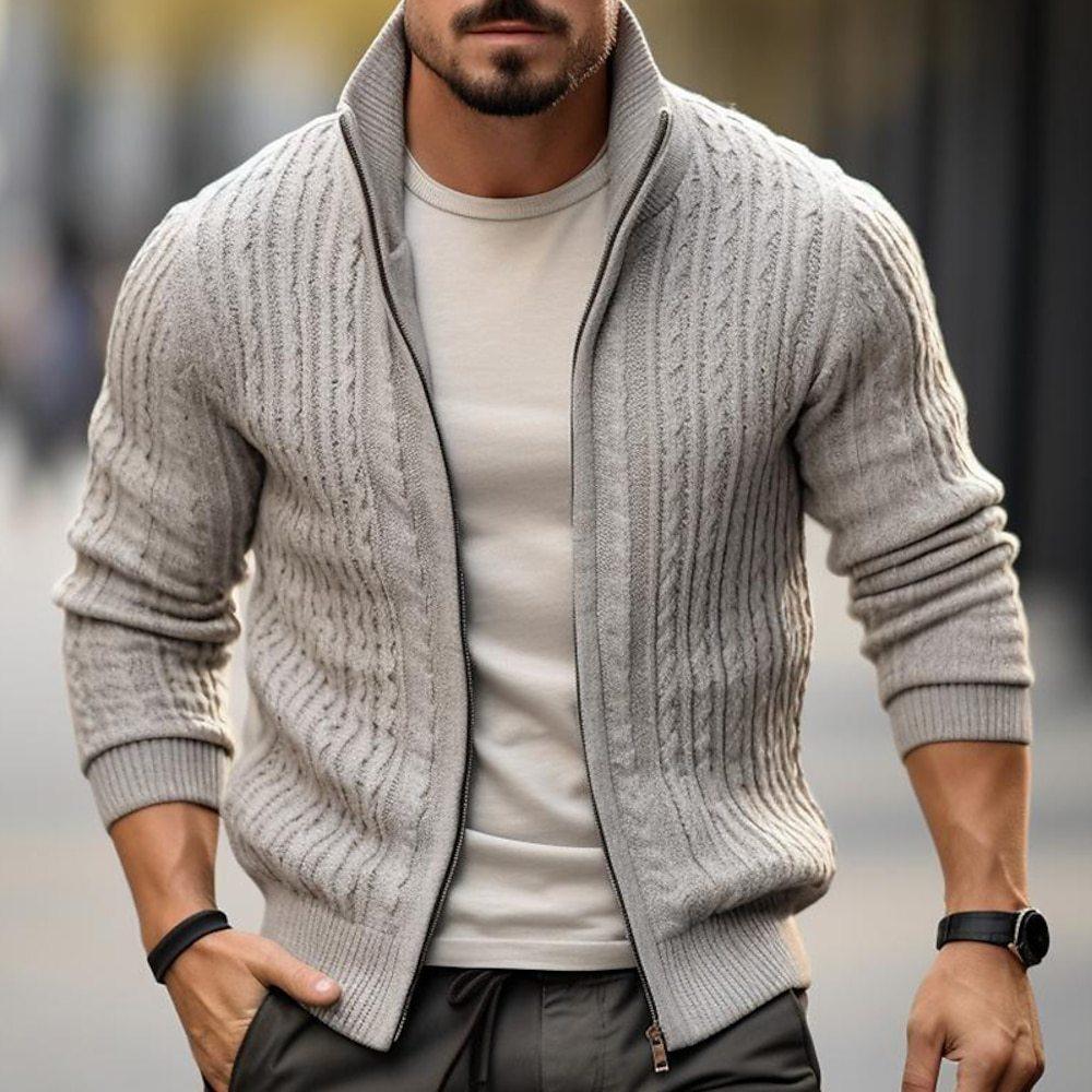 Men's light gray stand-collar zip knit sweater, ribbed cuffs and hem