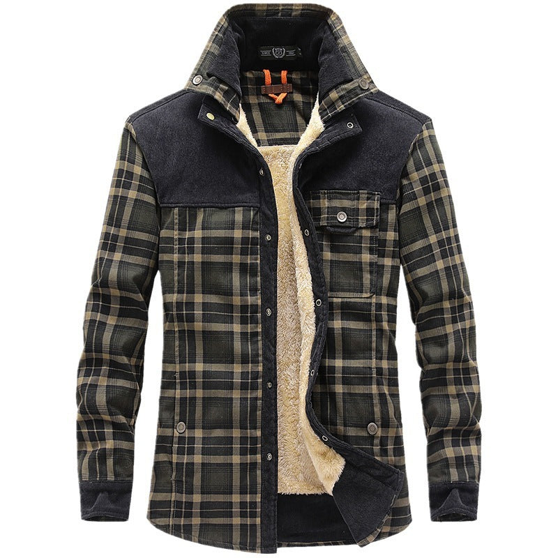 Men's Fleece-lined Thickened Long-sleeved Plaid Shirt