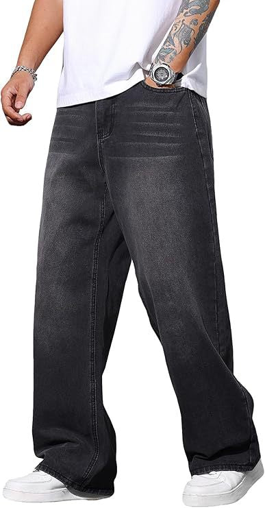 Men's straight-leg jeans in dark gray/black denim, relaxed fit, cuffed wide hem