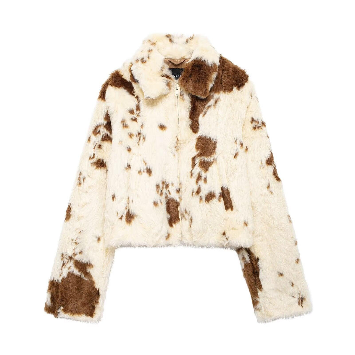 Faux fur short jacket with high collar and full zip, cream-and-brown cow pattern.