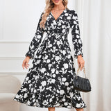 Women's Retro V-neck Printed Dress - WOMONA.COM