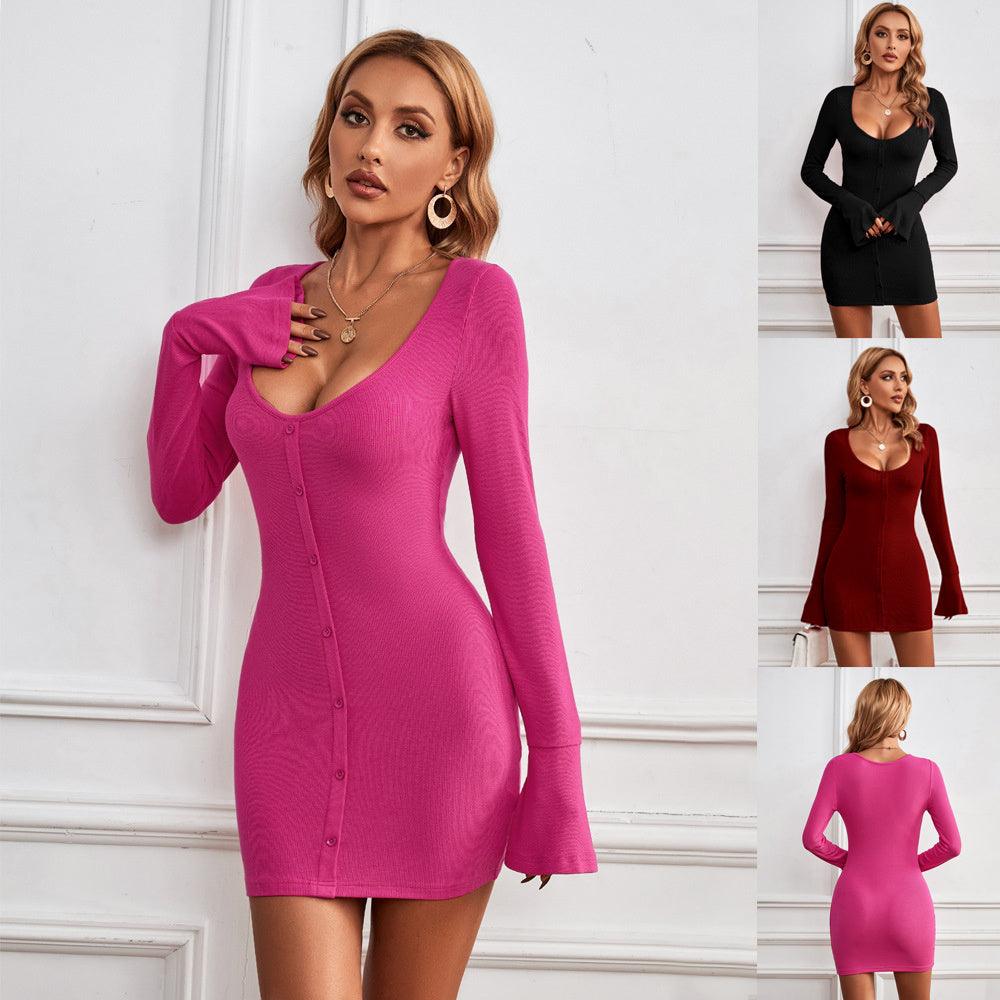Magenta single-breasted U-neck long-sleeve dress with button front and fitted skirt