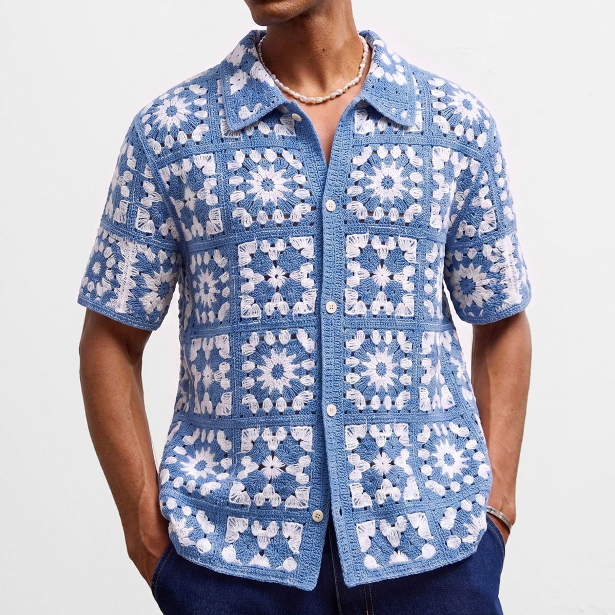 Men's crochet hollow-out short-sleeve button shirt with blue-and-white plaid floral squares
