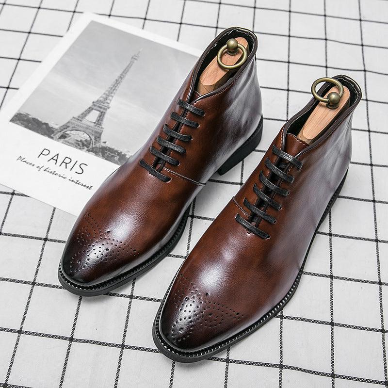 Men's vintage lace-up dress shoes in brown leather with brogue perforations
