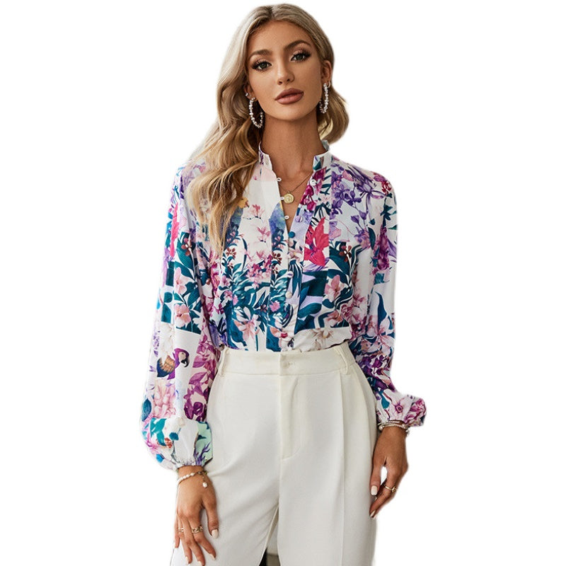 Floral Stand-Collar Balloon-Sleeve Blouse — full front view of long-sleeve blouse