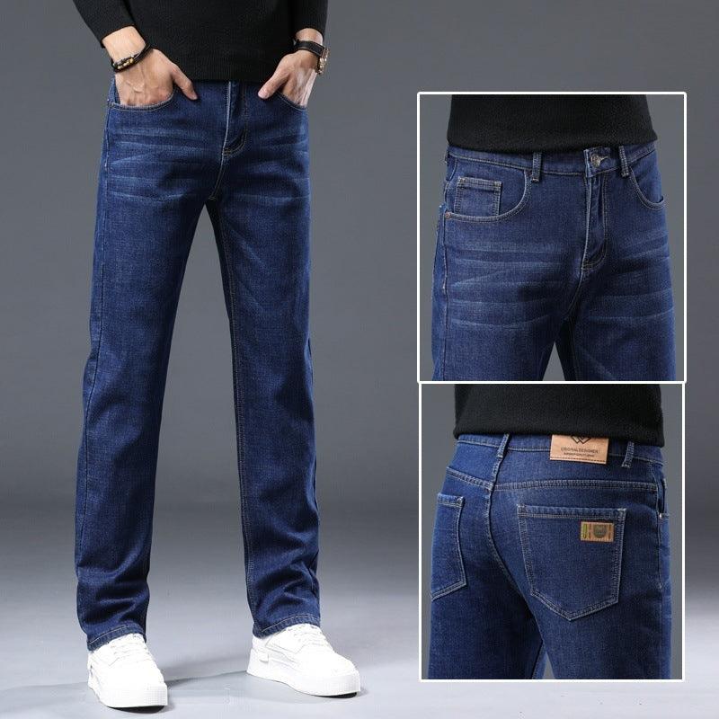 Men's thick fleece-lined blue jeans with straight leg, belt loops, and front zipper fly