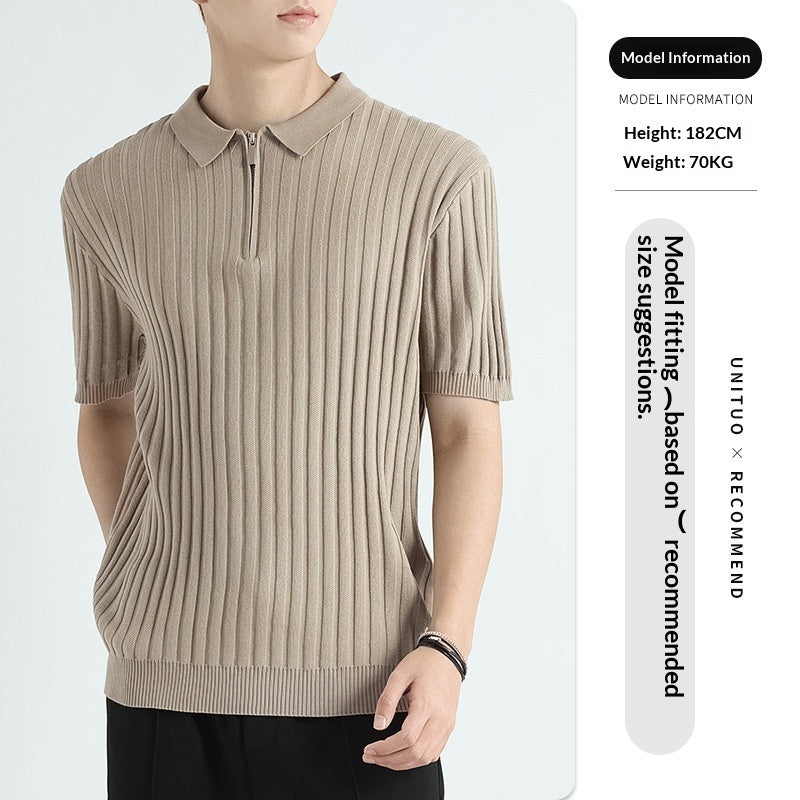 Ice silk T-shirt, khaki ribbed knit polo with short sleeves and zip collar
