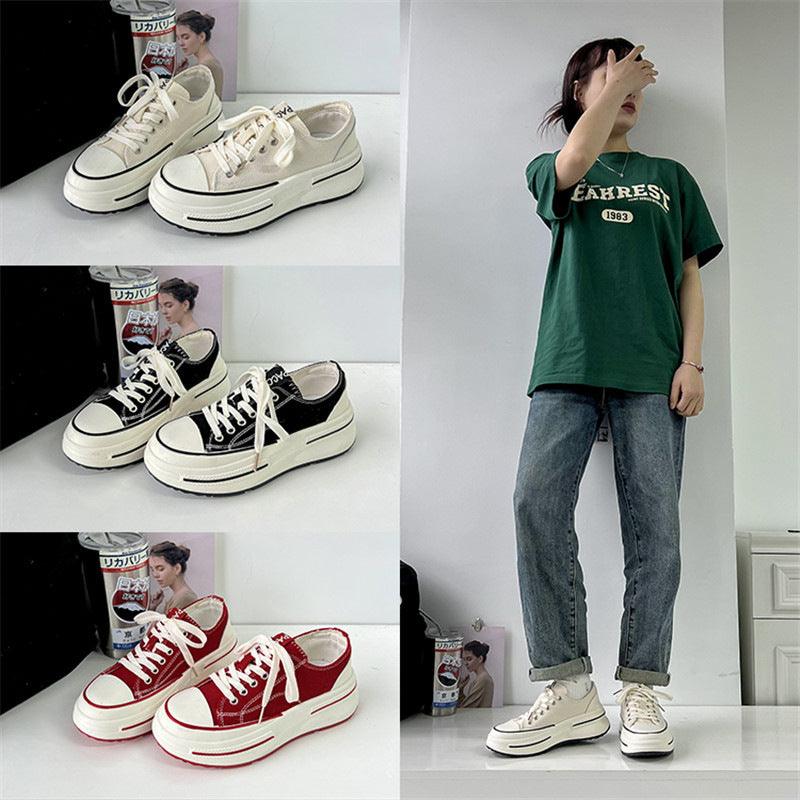 Fashion sneakers set: white, black, and red canvas lace-up shoes with thick soles