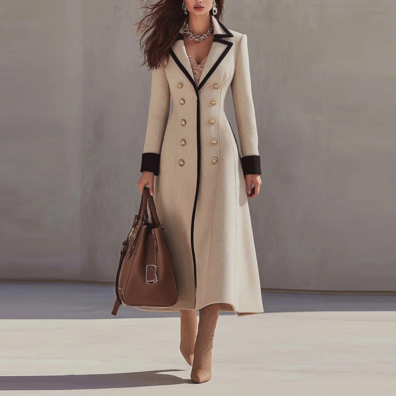 Women's beige slim-fit double-breasted colour-block trench coat