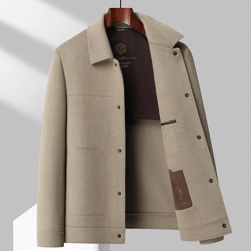 Camel double-faced wool polo-collar jacket with snap front and dark brown removable lining