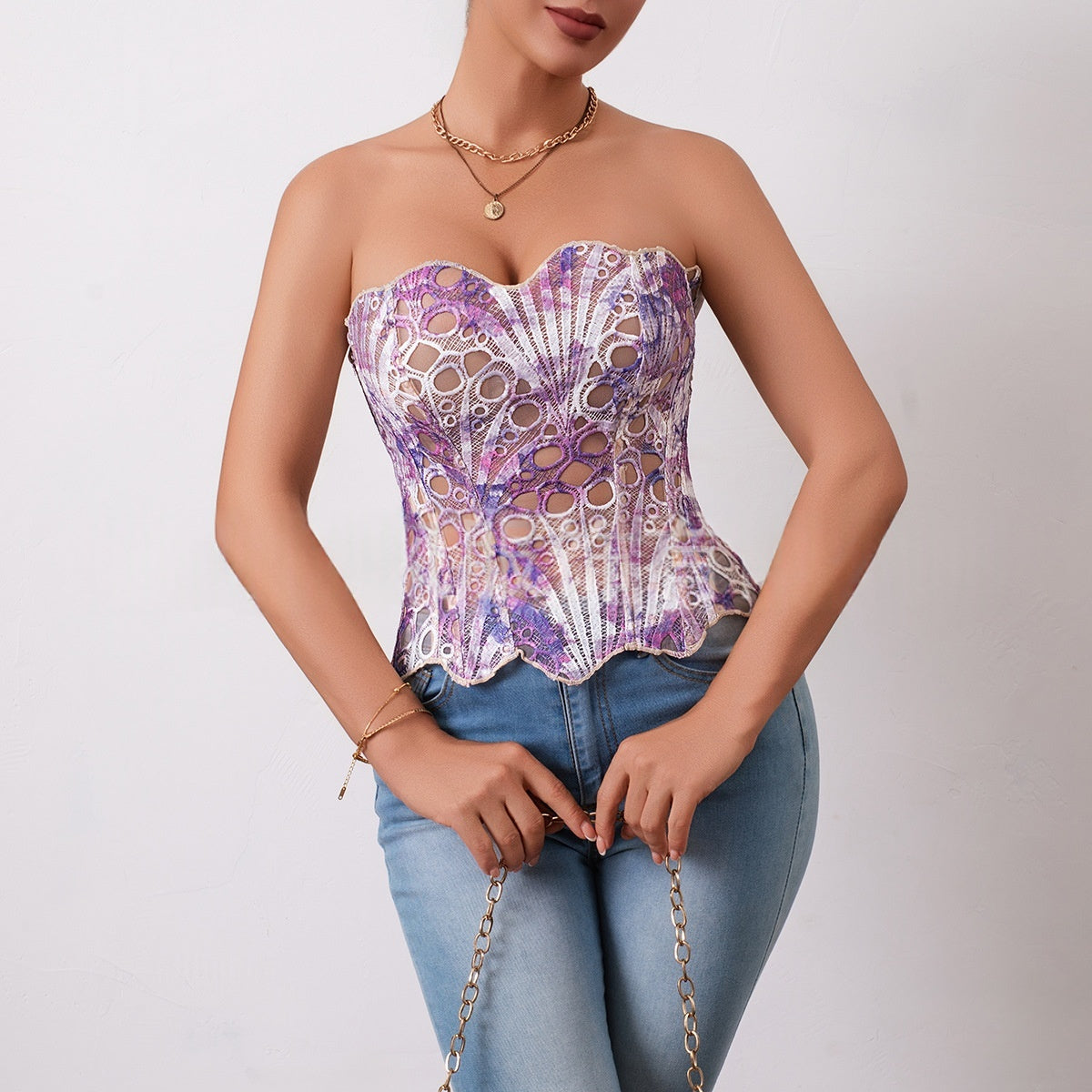 Strapless lace-print shapewear corset, lilac and purple irregular pattern
