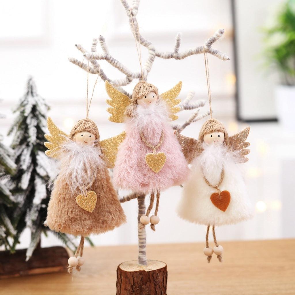 Pink plush angel pendant with glitter wings, heart charm, hanging legs