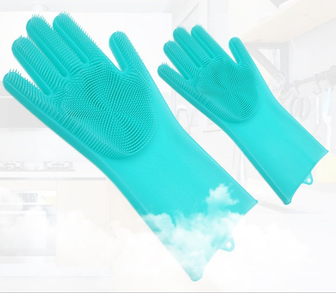 Turquoise silicone cleaning brush gloves with raised finger bristles.