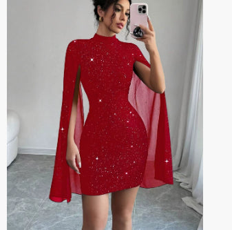 Women's pearl-detail cape-sleeve mini dress