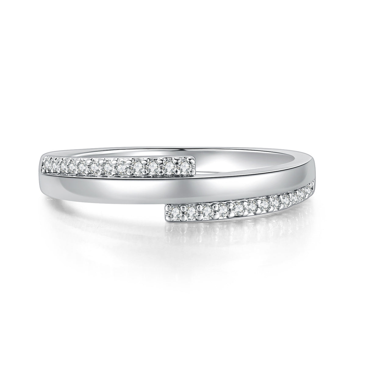 Platinum-plated ring with clear stones in a curved bypass design