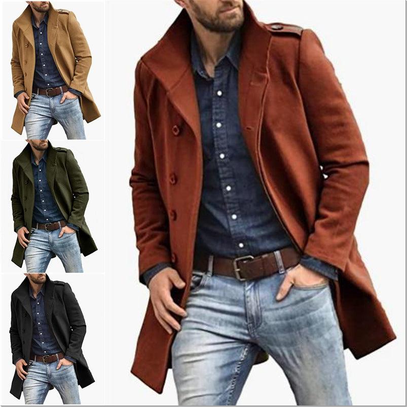 Men's thick long winter coat, rust-brown, double-breasted button front