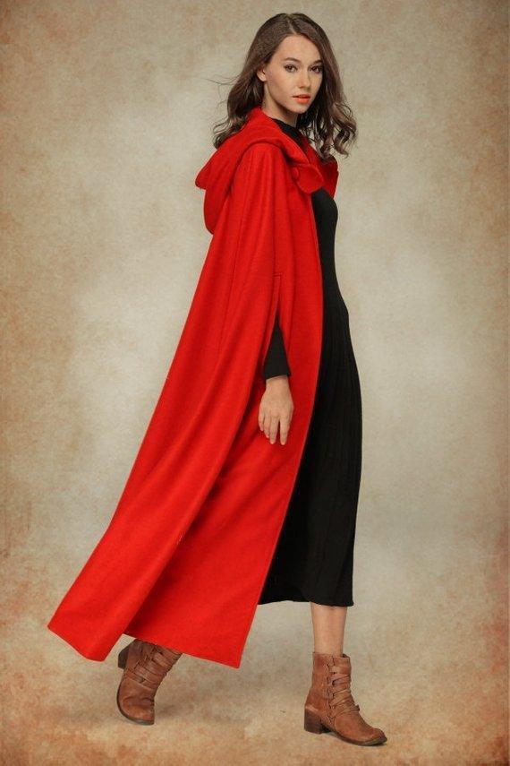Red and black hooded tie shawl, long cape with cowl hood and front tie