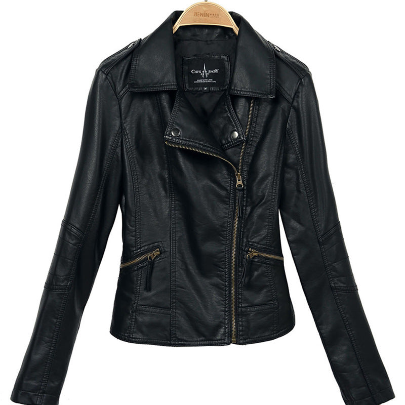 Ladies PU Washed Leather Jacket - WOMONA.COM