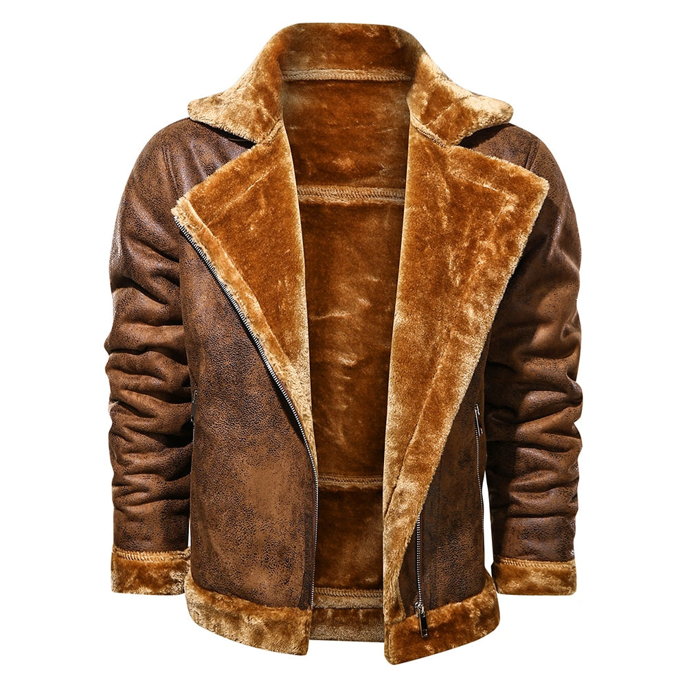 Men's Suede-Look Plush-Trim Winter Jacket, Brown - product view 1