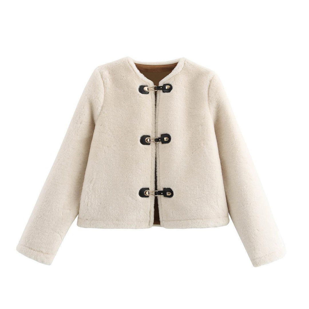 Off-white fuzzy jacket coat with three front toggle closures and long sleeves