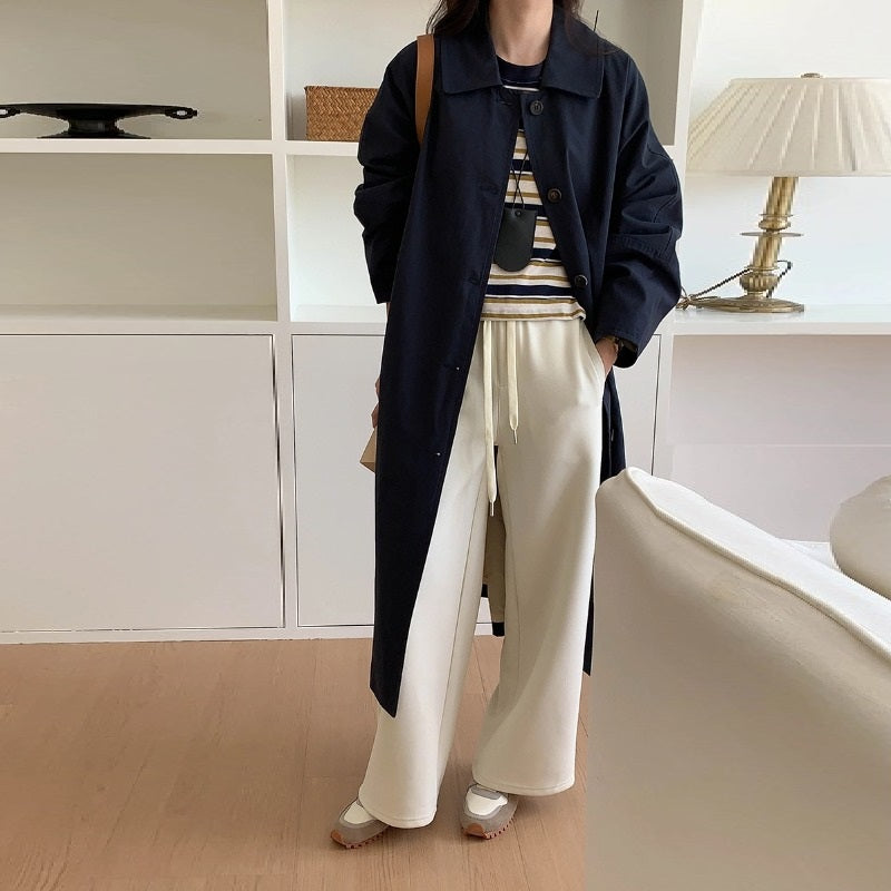 Women's loose long cotton lapel trench coat