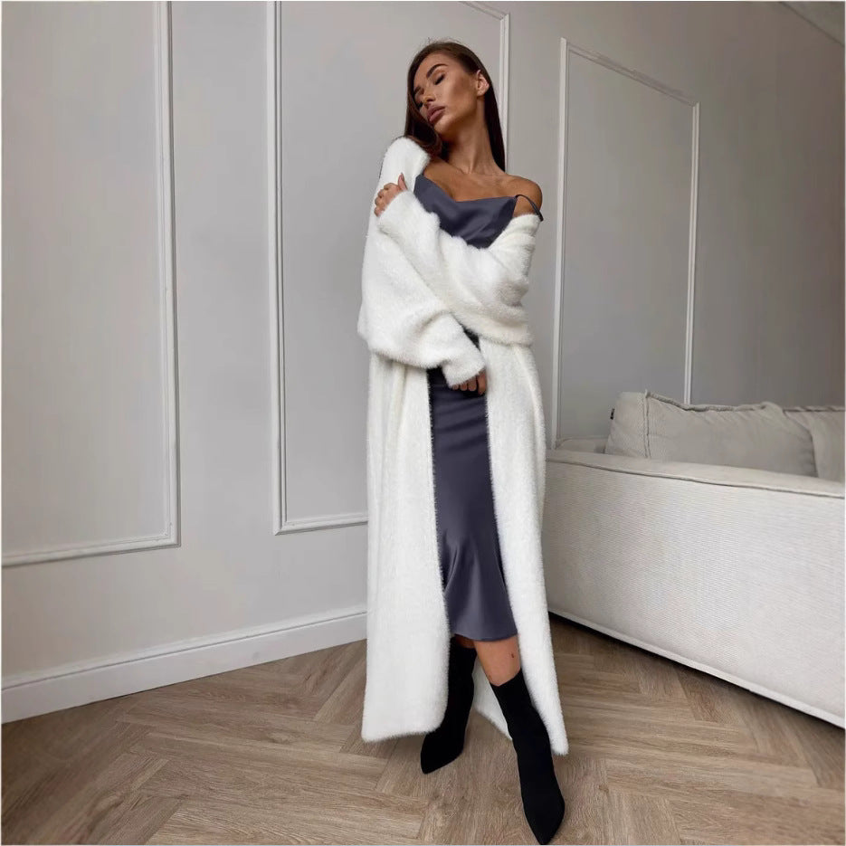 Women’s long white fuzzy cardigan coat with open front and relaxed fit, side slit hem