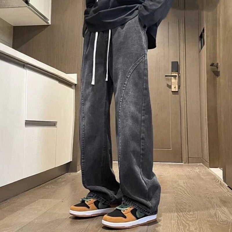 Men's washed drawstring wide-leg jeans
