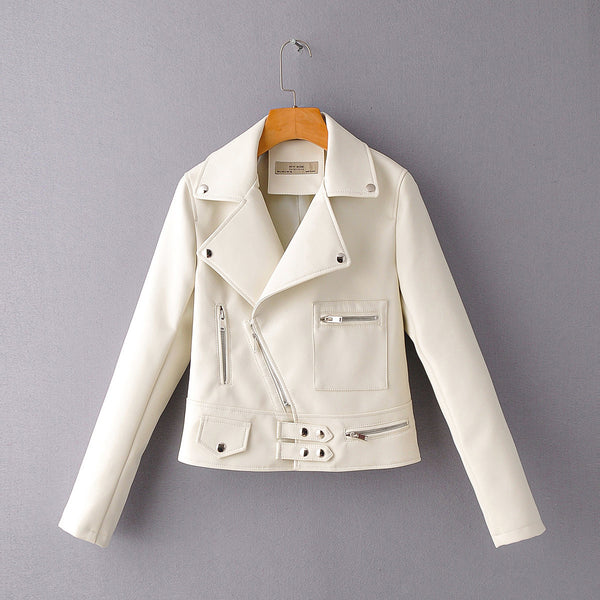 Ladies Lapel Diagonal Zipper Motorcycle Leather PU Jacket - WOMONA.COM