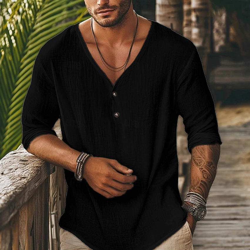 Men's black V-neck lapel long-sleeve shirt, front button placket
