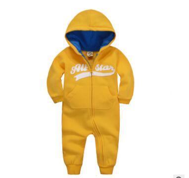 Baby hooded zip-up jumpsuit, mustard yellow with front zipper and All Star chest graphic