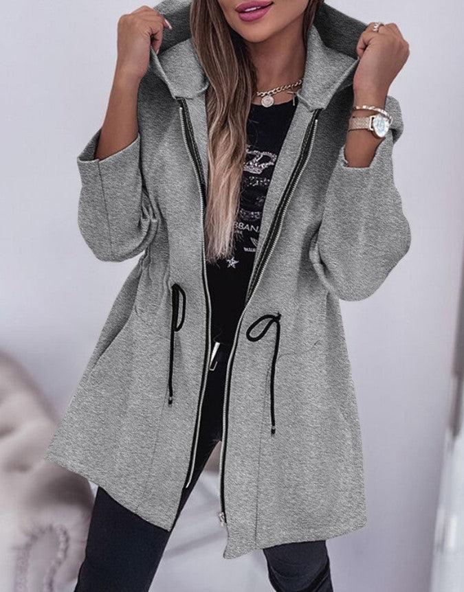 Women's hooded casual coat, heather gray with drawstring hem and front zip